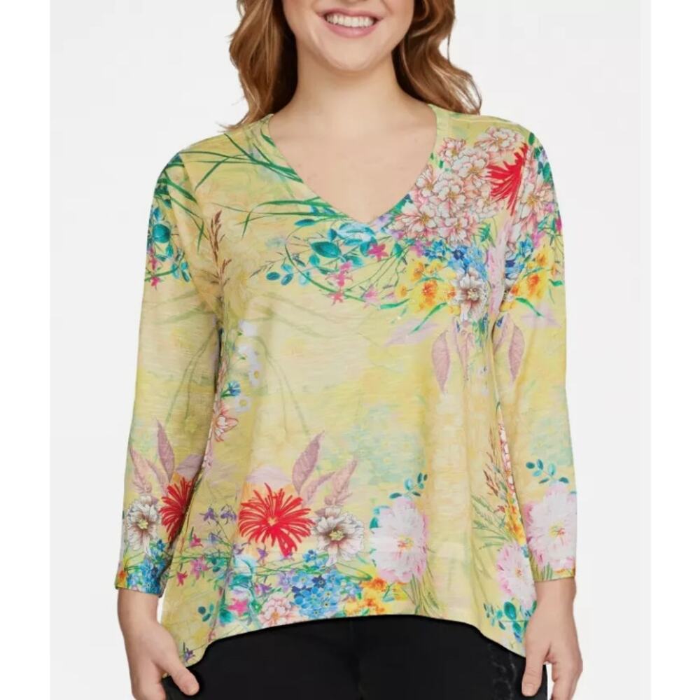 Concepts Yellow Floral Top Womens Sz 3X Relaxed Spring‎ Summer Lightweight Flowy
